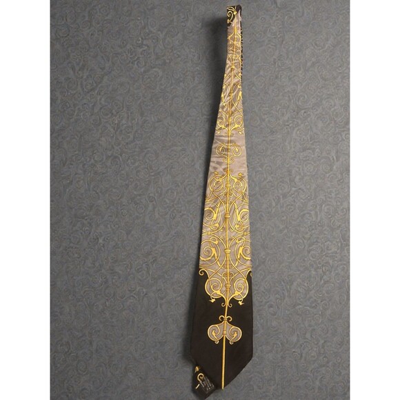 Vtg GIANNI VERSACE 90s Silk Tie Black Gold Baroque Floral Italy HANDMADE Spain - Picture 1 of 6